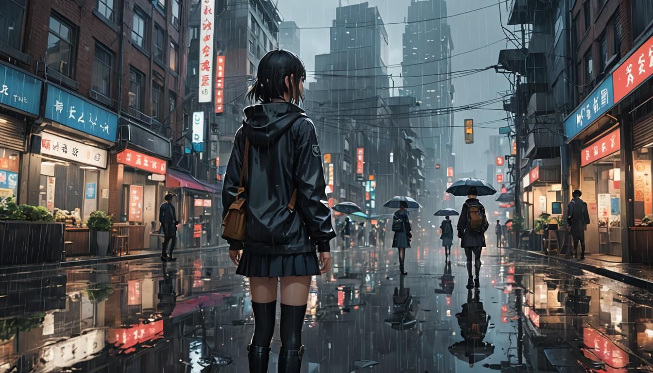 Rainy Cityscape Mirror in 3D Anime Art Style