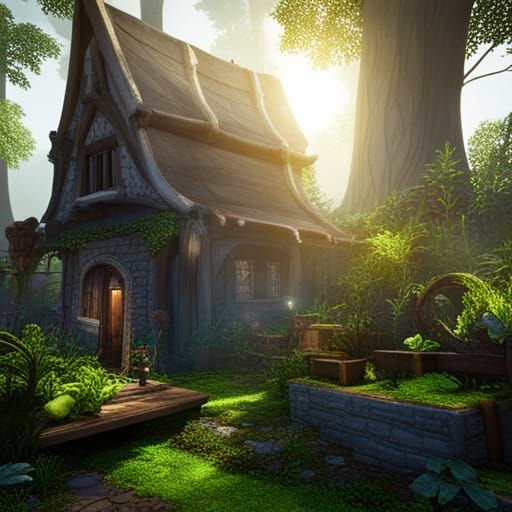 Gnome House in Magical Forest, Dark Fantasy Concept Art