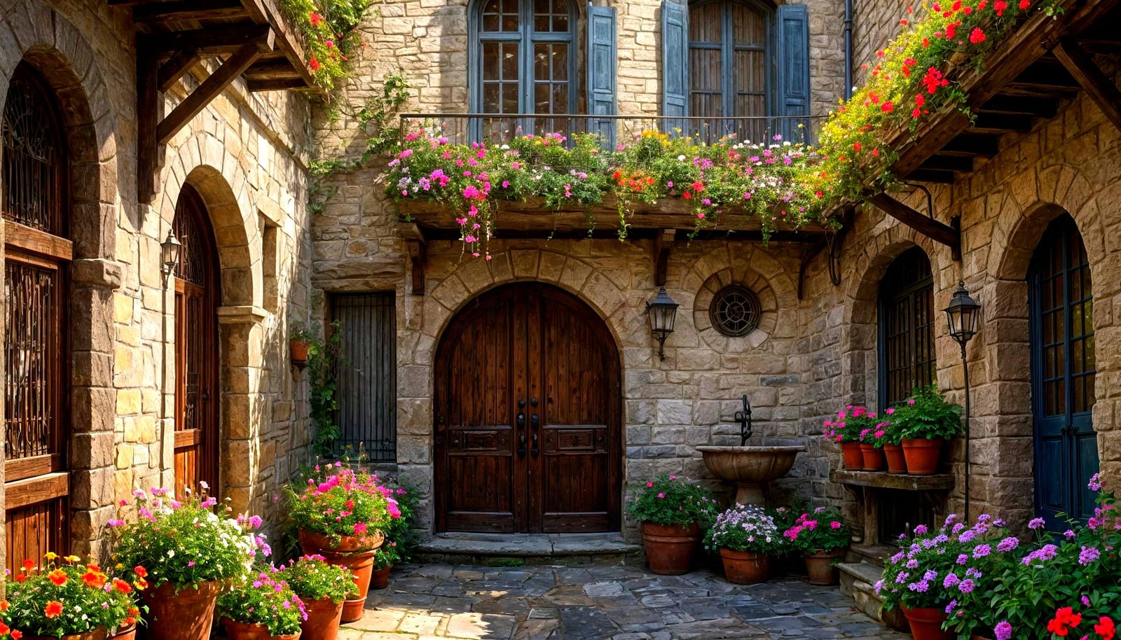 Cozy Courtyard with Stone Houses and Flowering Balconies