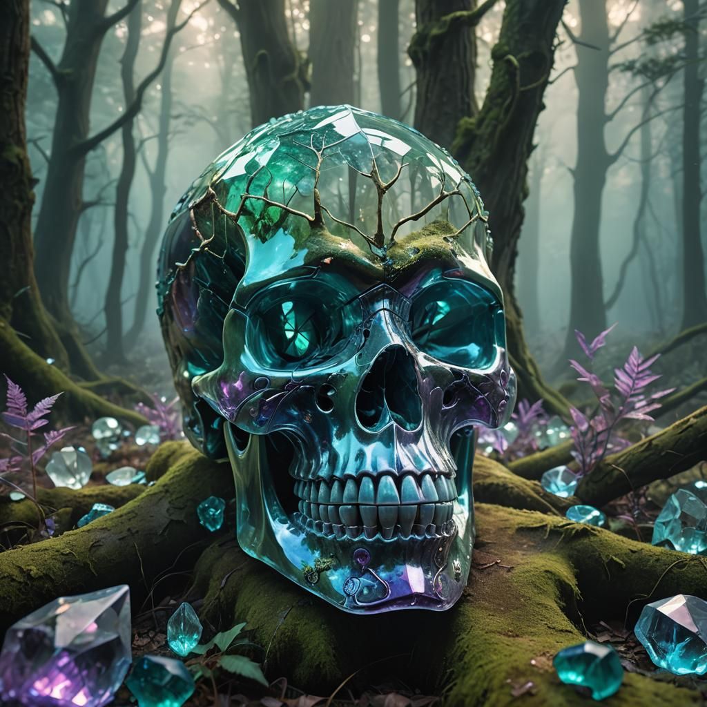 Mystical Crystal Skull in Bioluminescent Forest