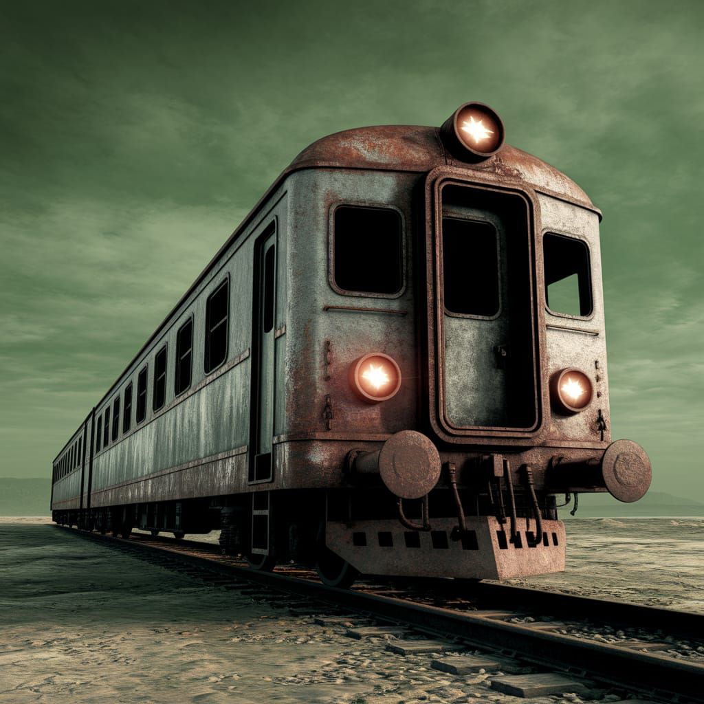 Abandoned Train Carriage in Post-Apocalyptic Wasteland
