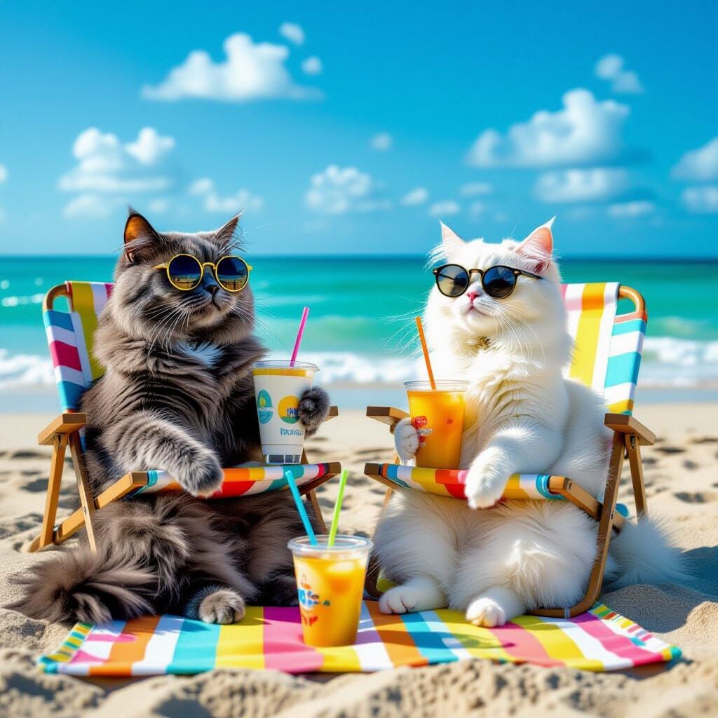 Cats Enjoying Iced Coffee on New York Beach