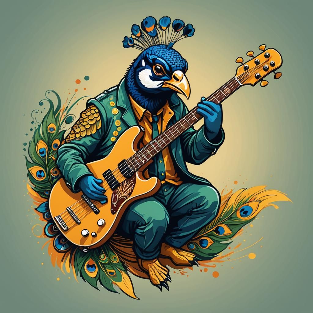 Peacock Bass Guitarist: Abstract Mascot Logo
