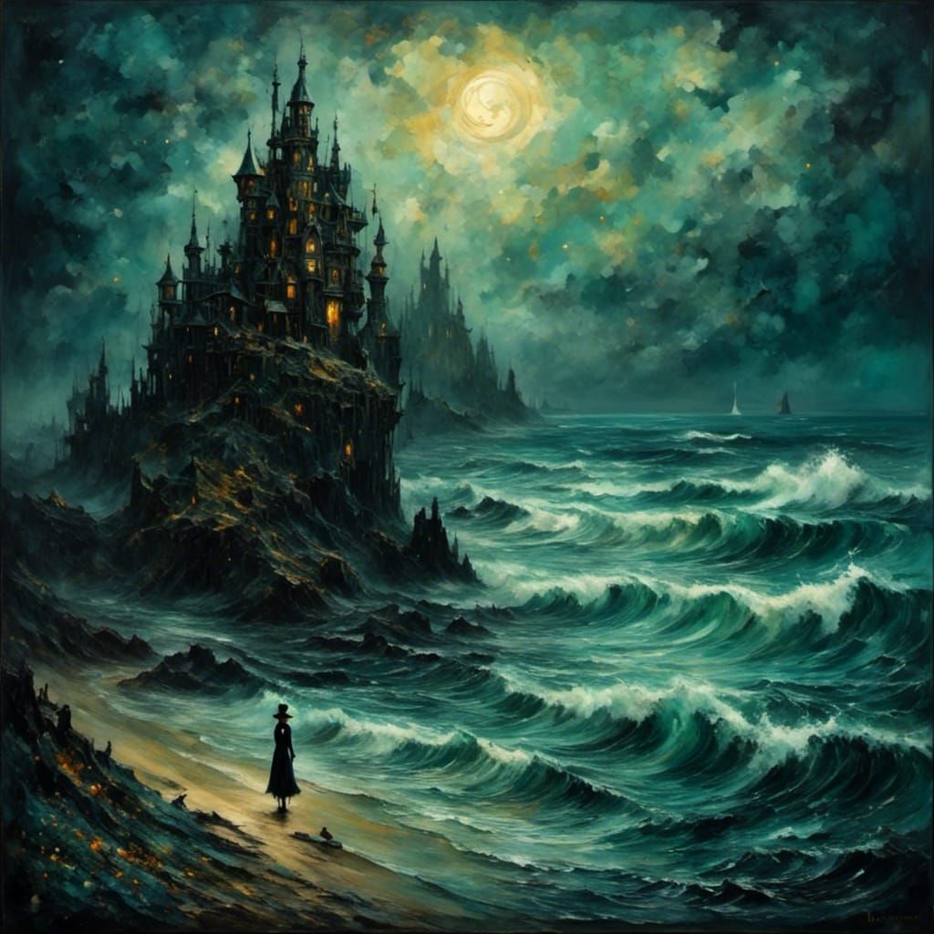 Oceanside Gothic Castle Under Shooting Star in Dark Surreali...