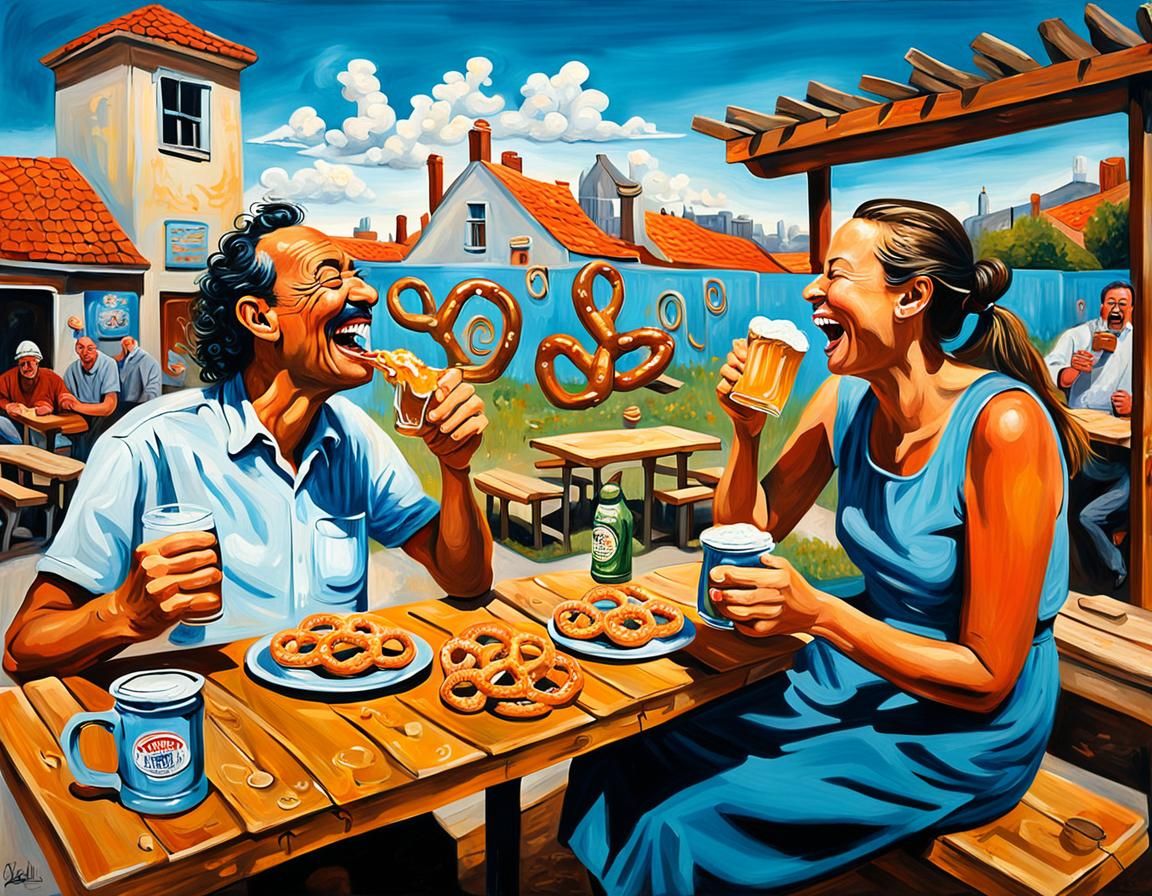 Surreal Beer Garden Scene in Graffiti Art Style