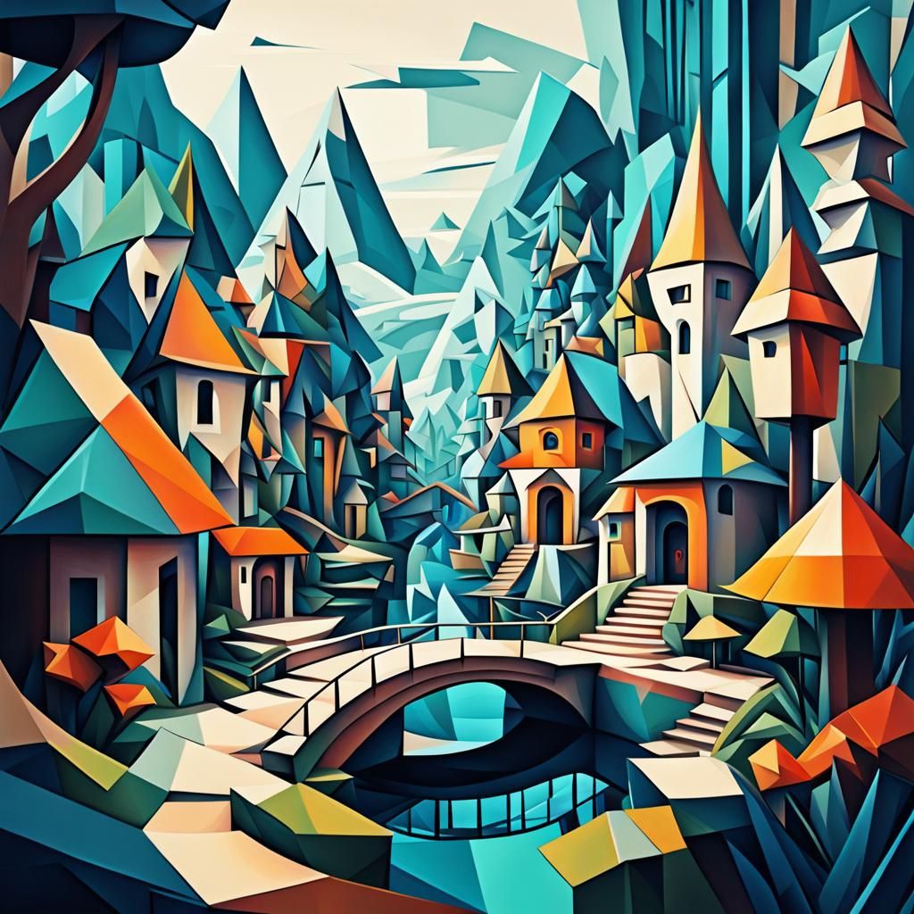 Enchanted Fairy Village in Cubist Art Deco Style