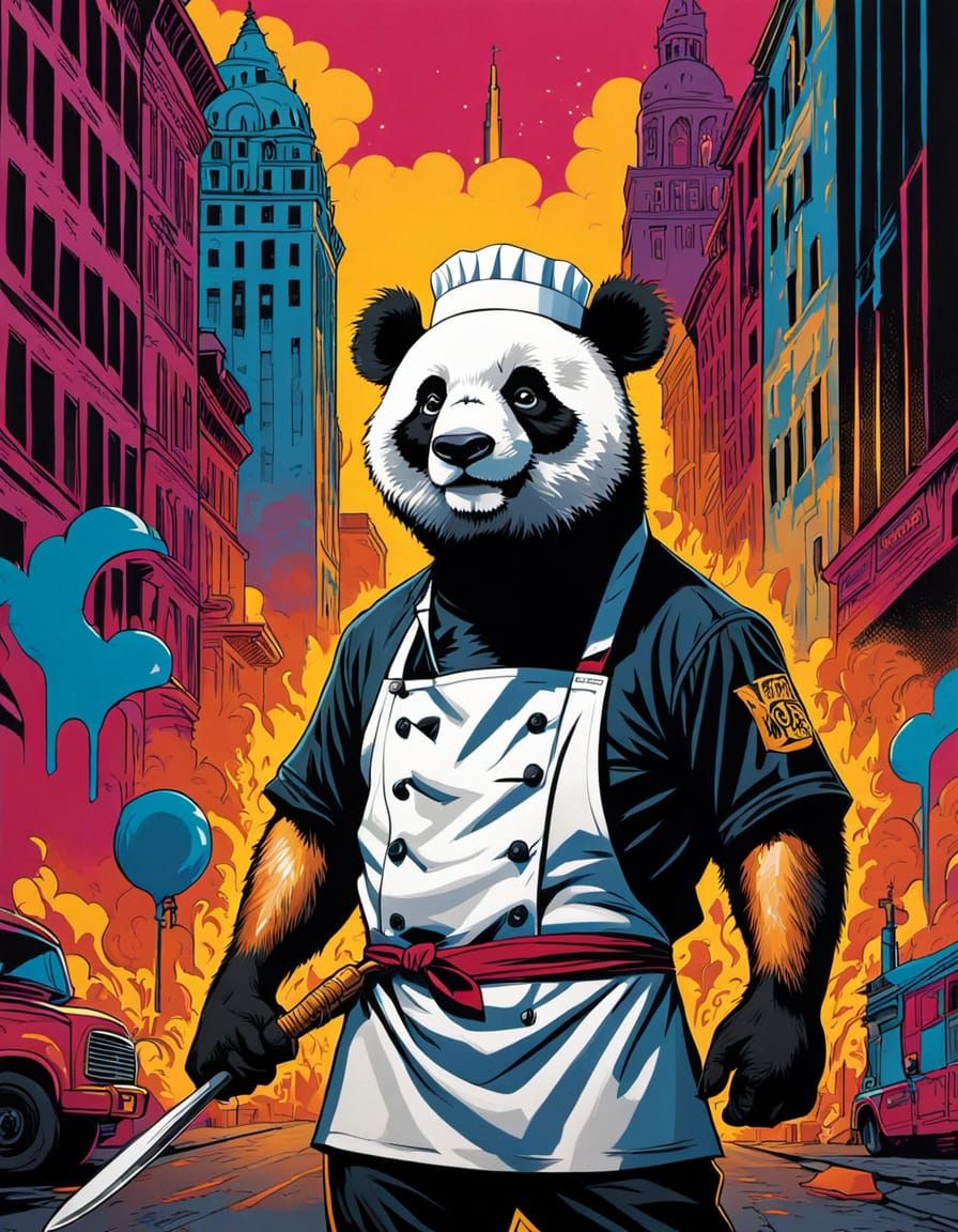 cinematic comic book cartoon panda warrior chef superhero po...