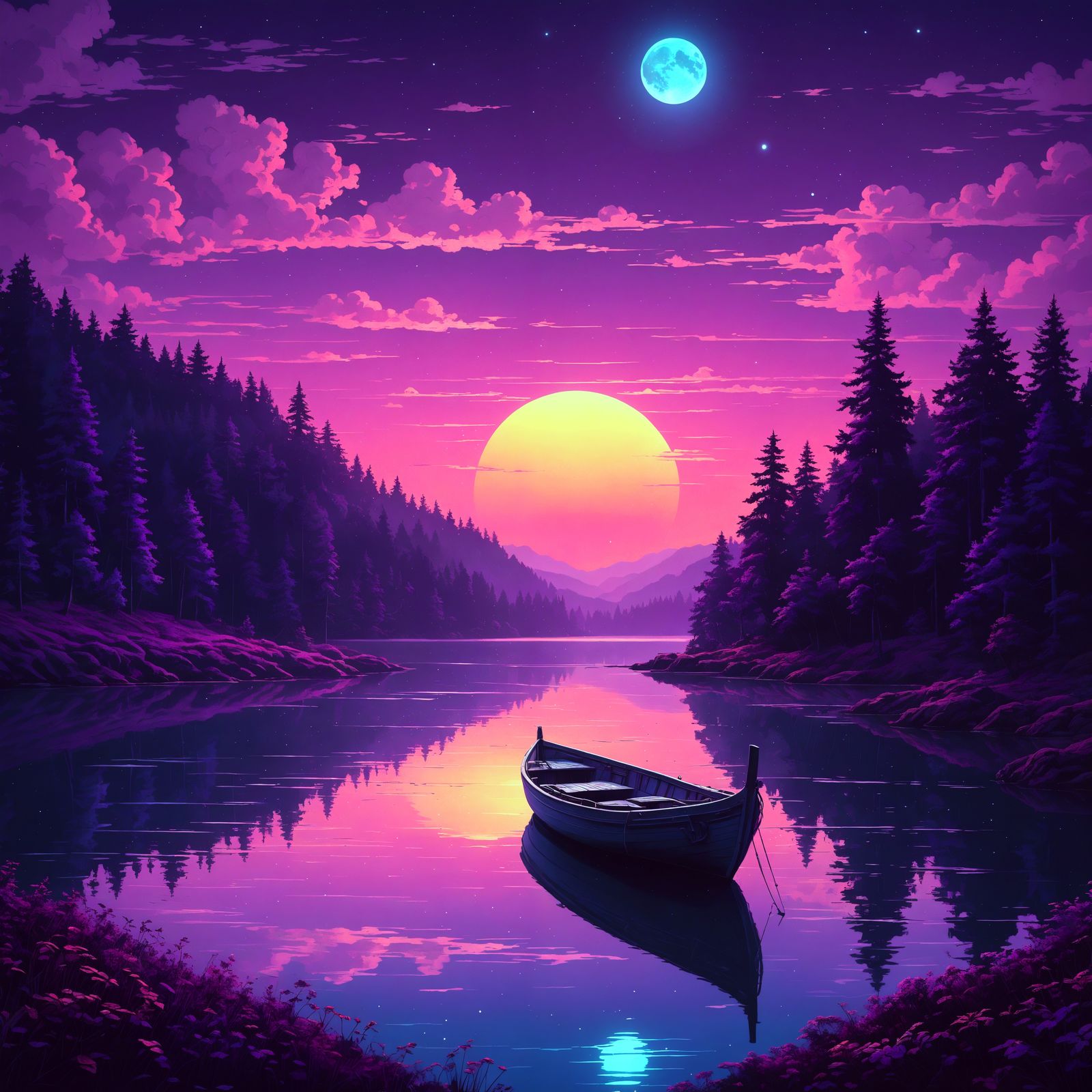 Psychedelic Boat on Lake with Moonlit Sky