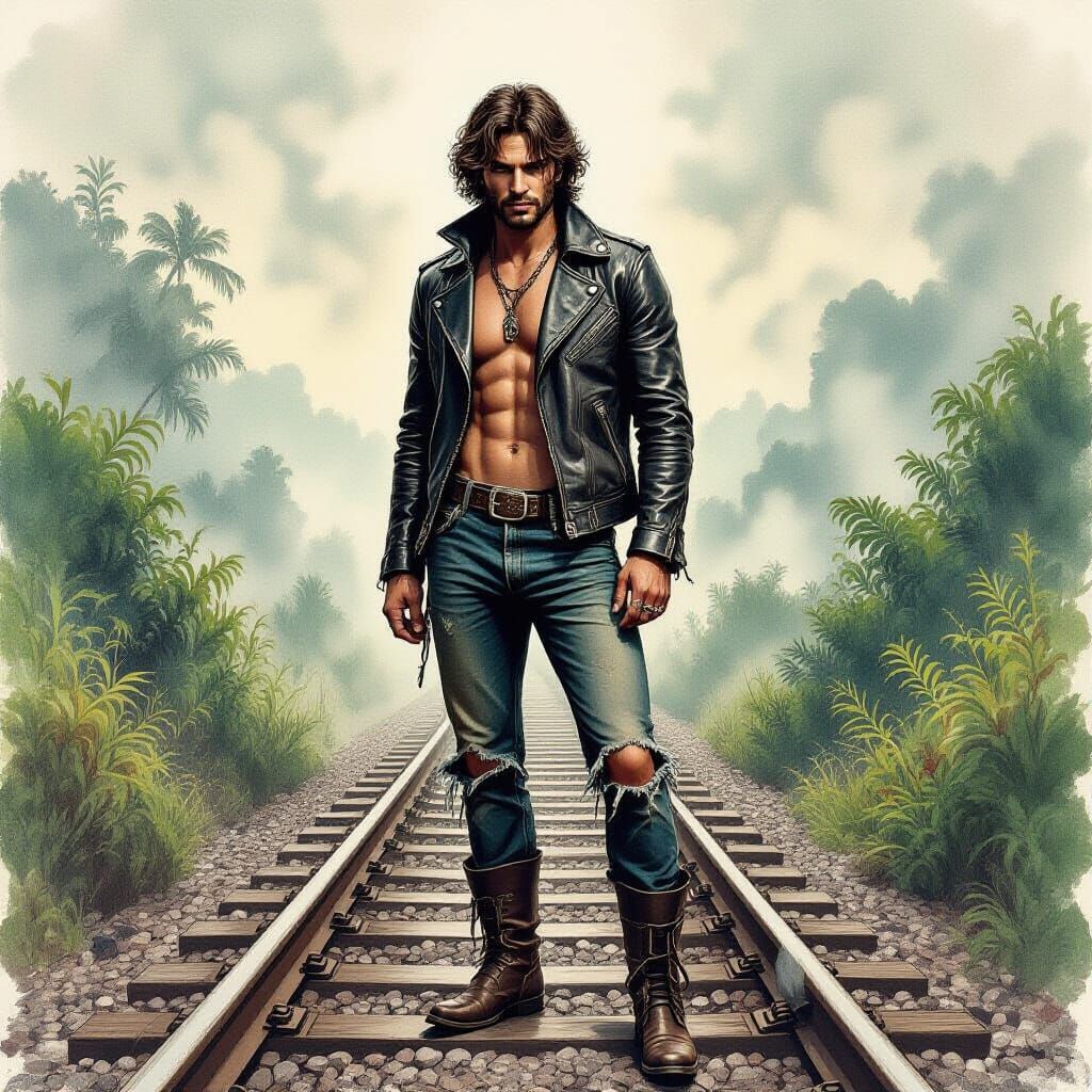 Surreal Snake Man on Misty Railway in High Detail