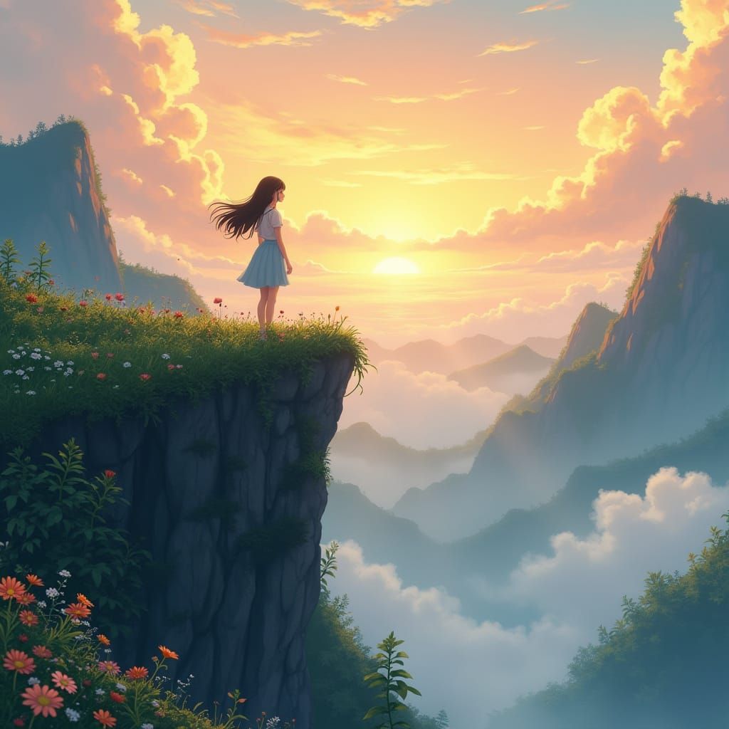 Serene Young Woman Lost in Thought on Misty Mountain Cliff
