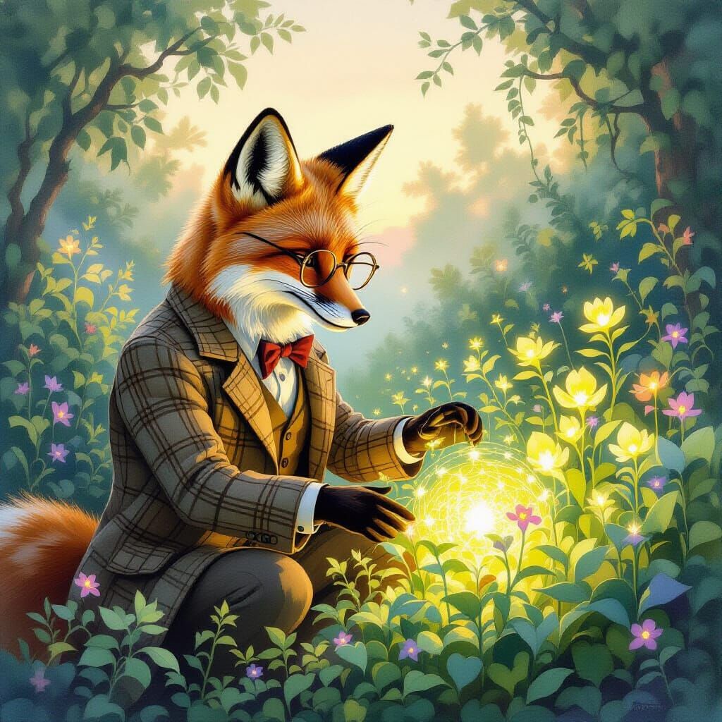 Fox in Tweed Tends Bioluminescent Garden