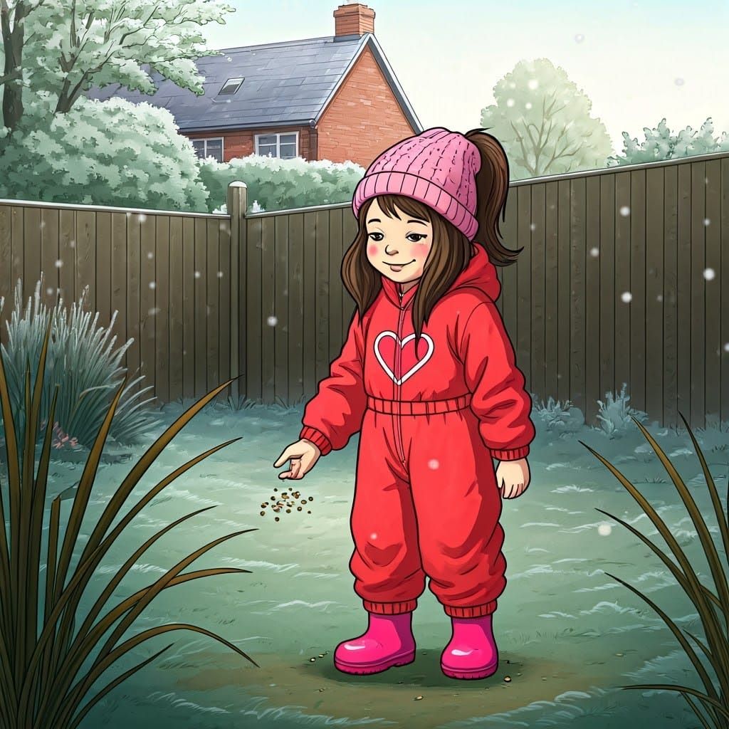 Girl Feeds Birds in Winter Garden Scene