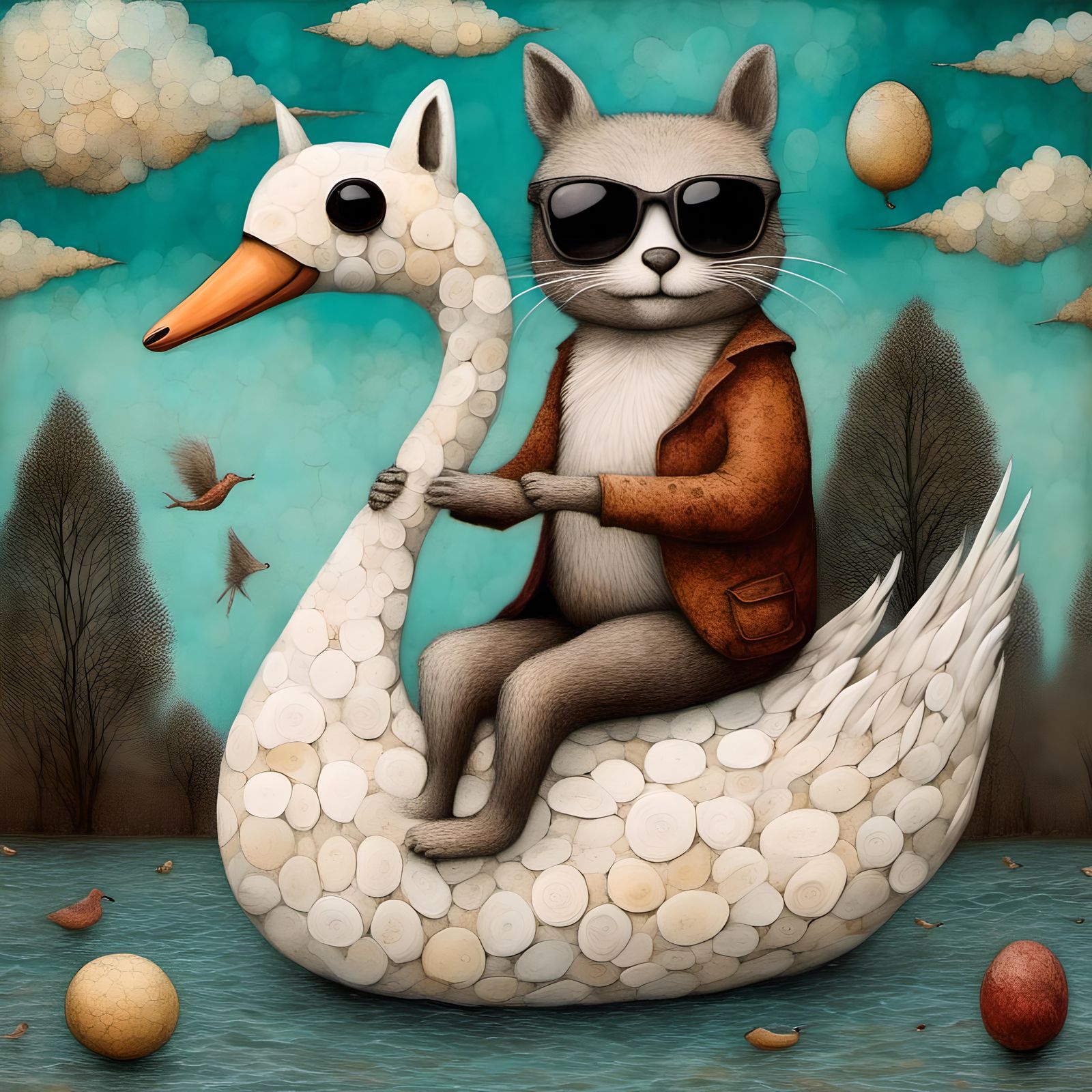 Whimsical Cats and Squirrels Encaustic Collage