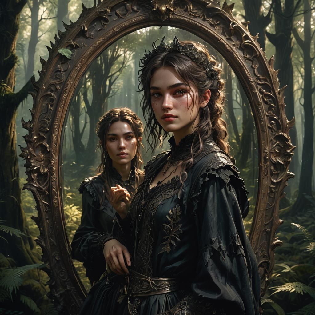 Dark Fantasy Girl and Mirror Reflection