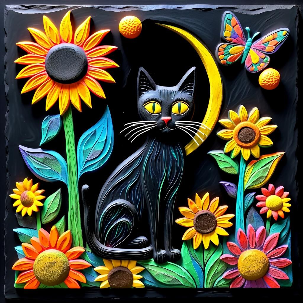 Whimsical Chalk Art: Black Cat and Sunflower