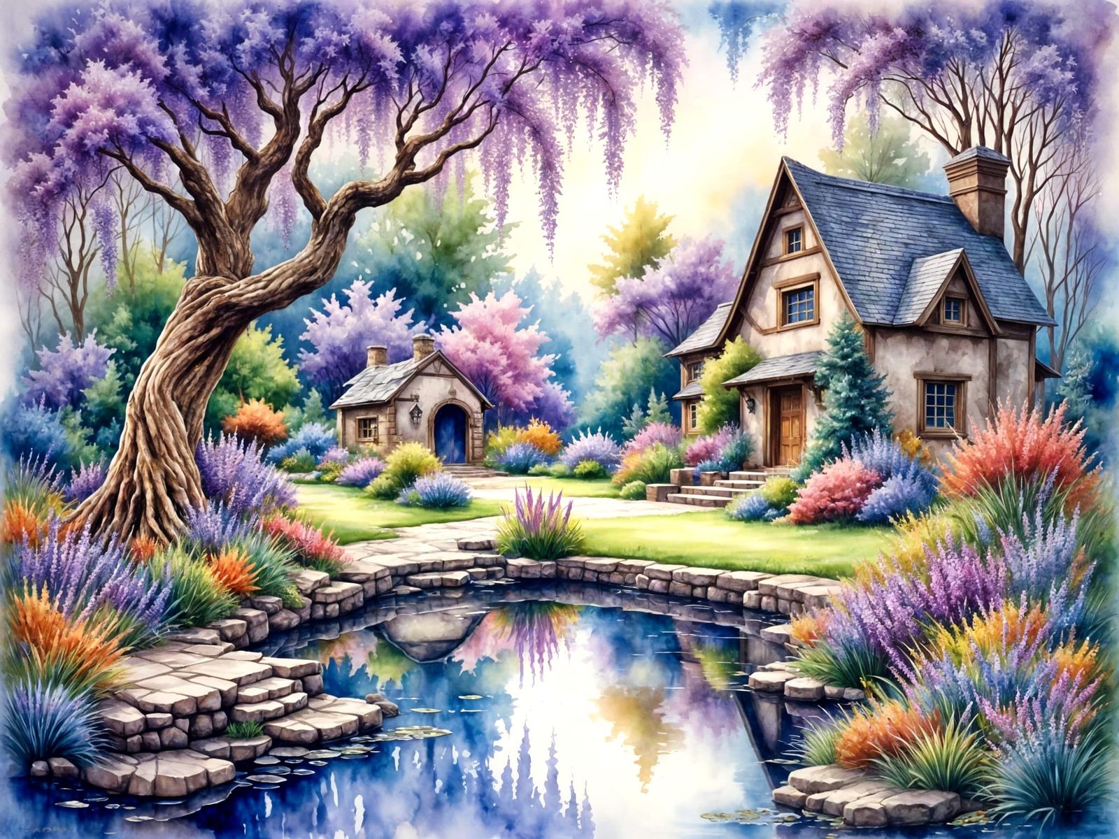 Enchanted Twilight Garden in Antique Watercolor Style
