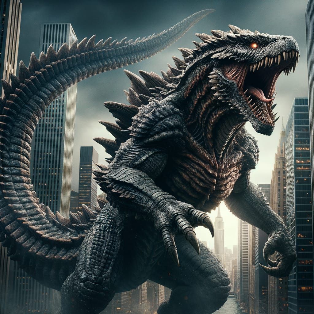 Massive Godzilla Creature Roars in Cityscape