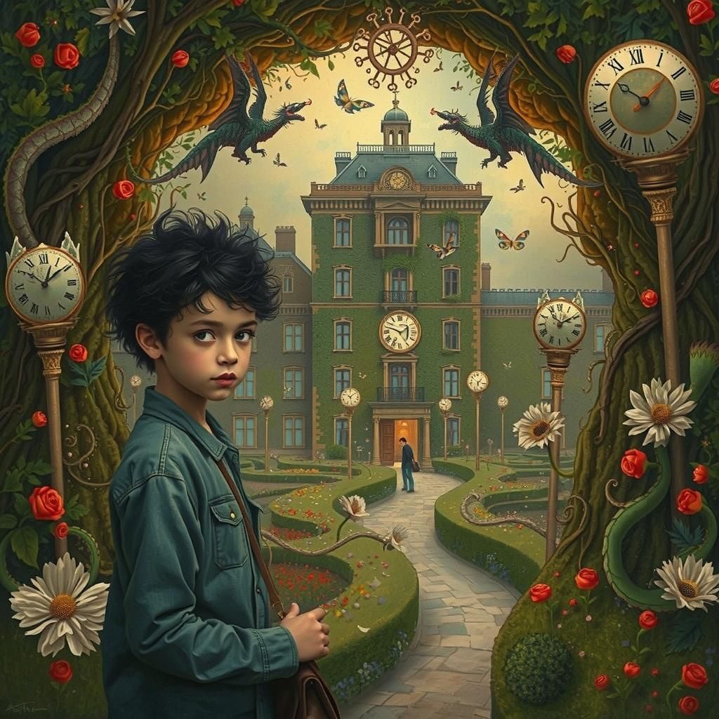 Dreamscape Garden Maze with Melting Dragons, Surreal Waterco...