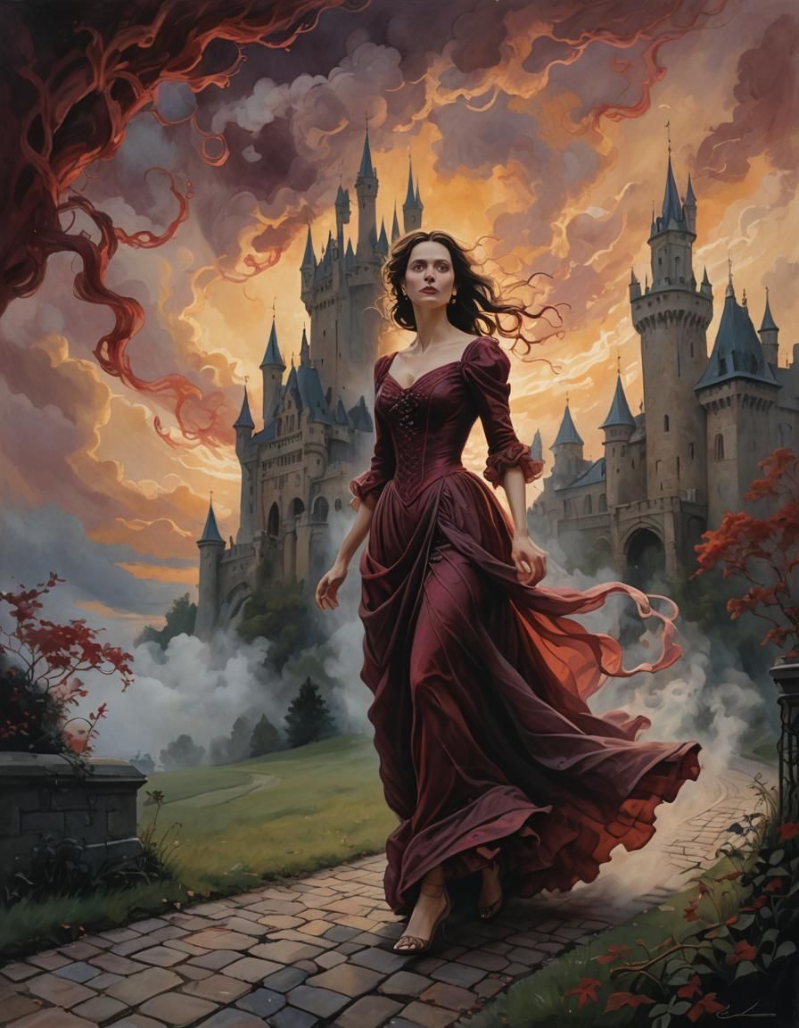 Gothic Romance: Woman Runs from Castle in Twilight