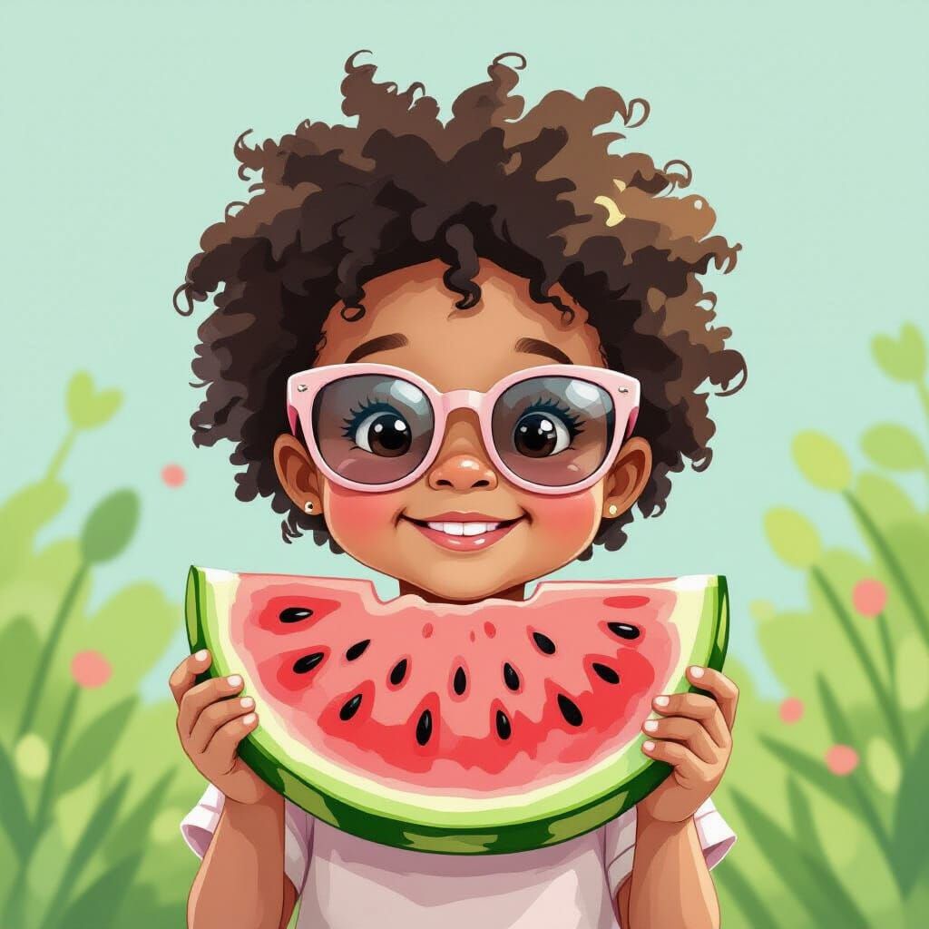 Cute African American Kid with Watermelon in Pastel Art