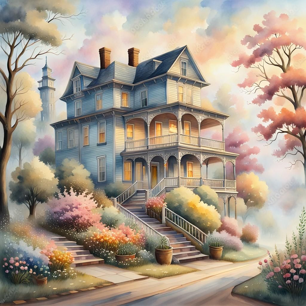 Old House by Road in Watercolor Painting