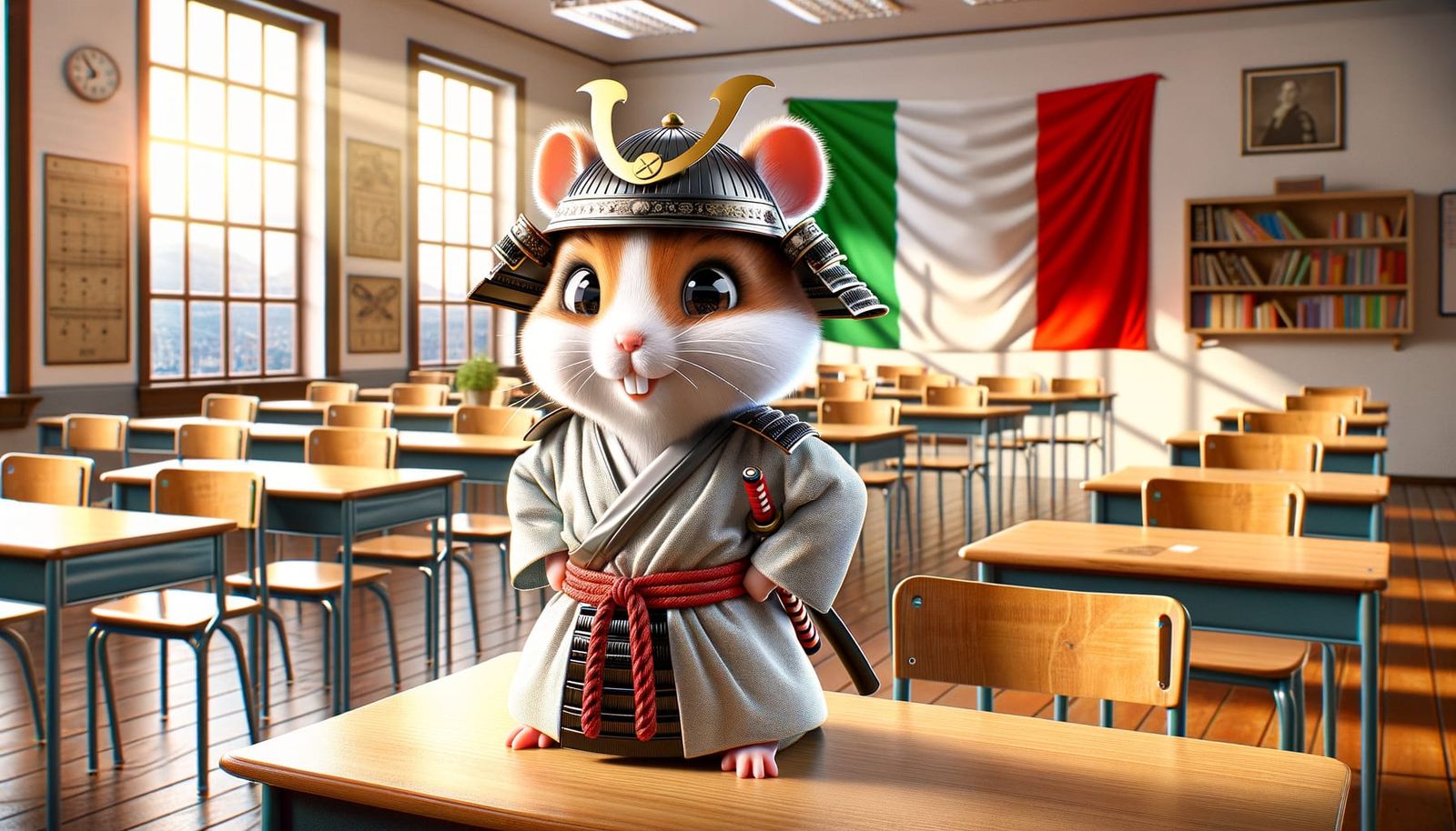 Hamster Samurai in a Bright Italian Classroom
