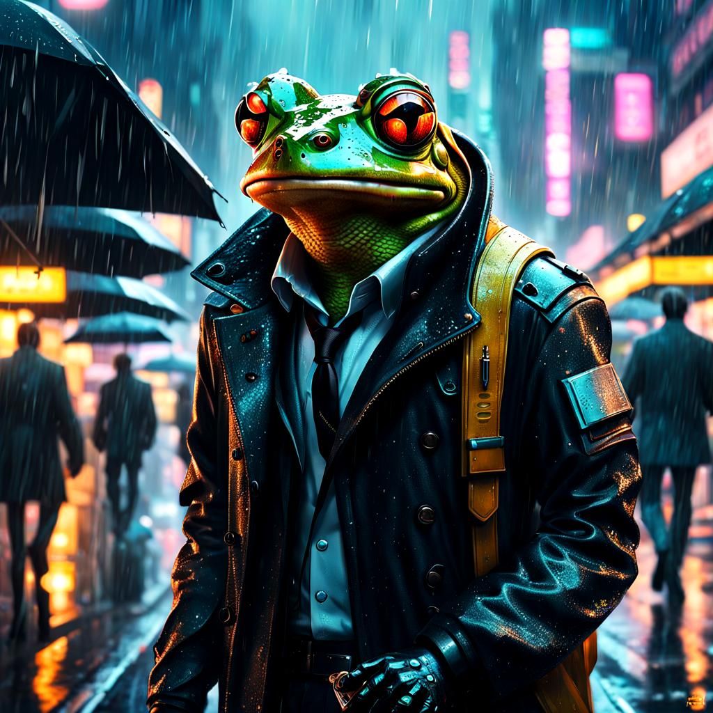 Cyberpunk Frog Detective in Rainy City