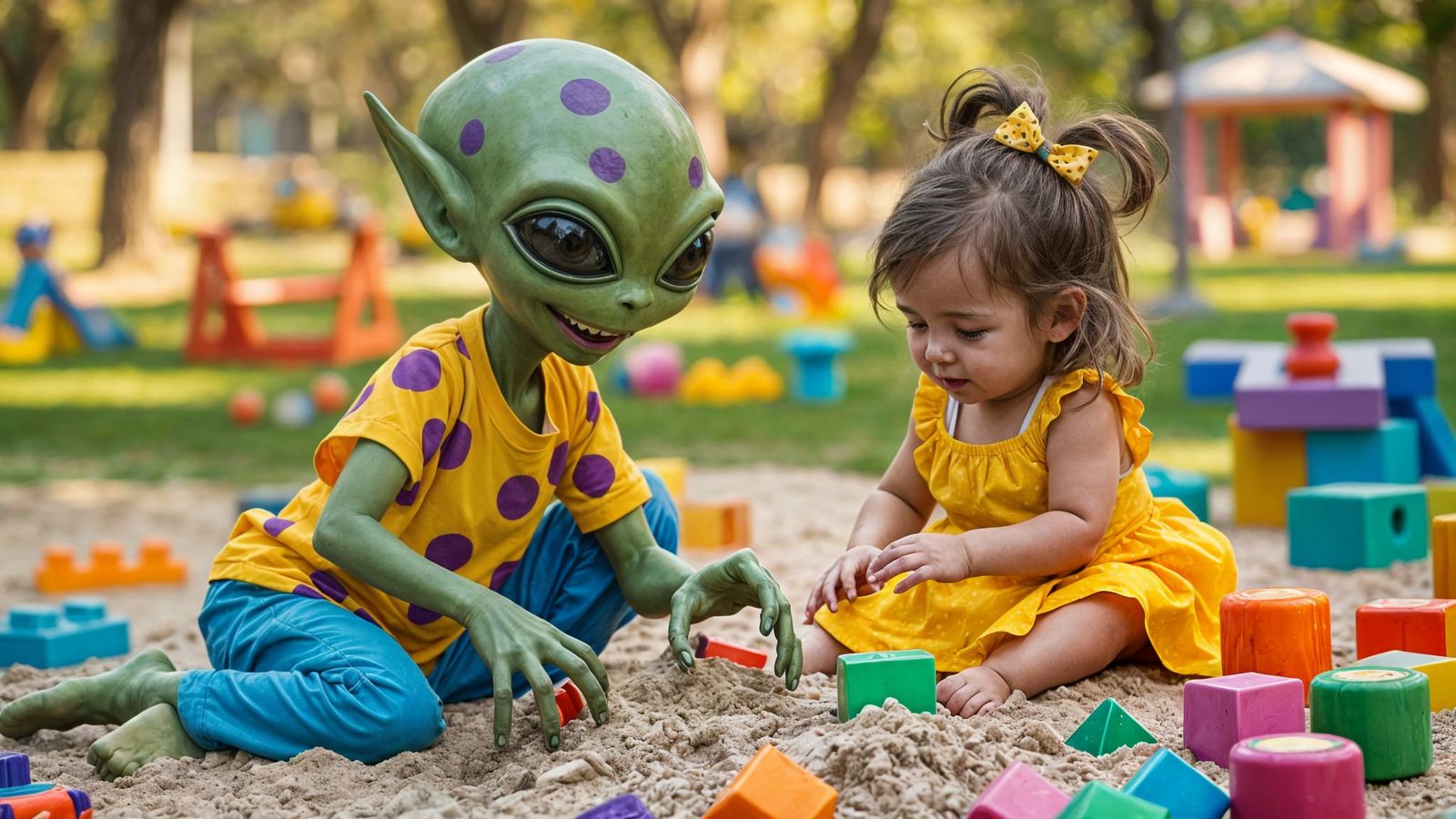 Alien and Girl Play in Sandbox: 8k Detail