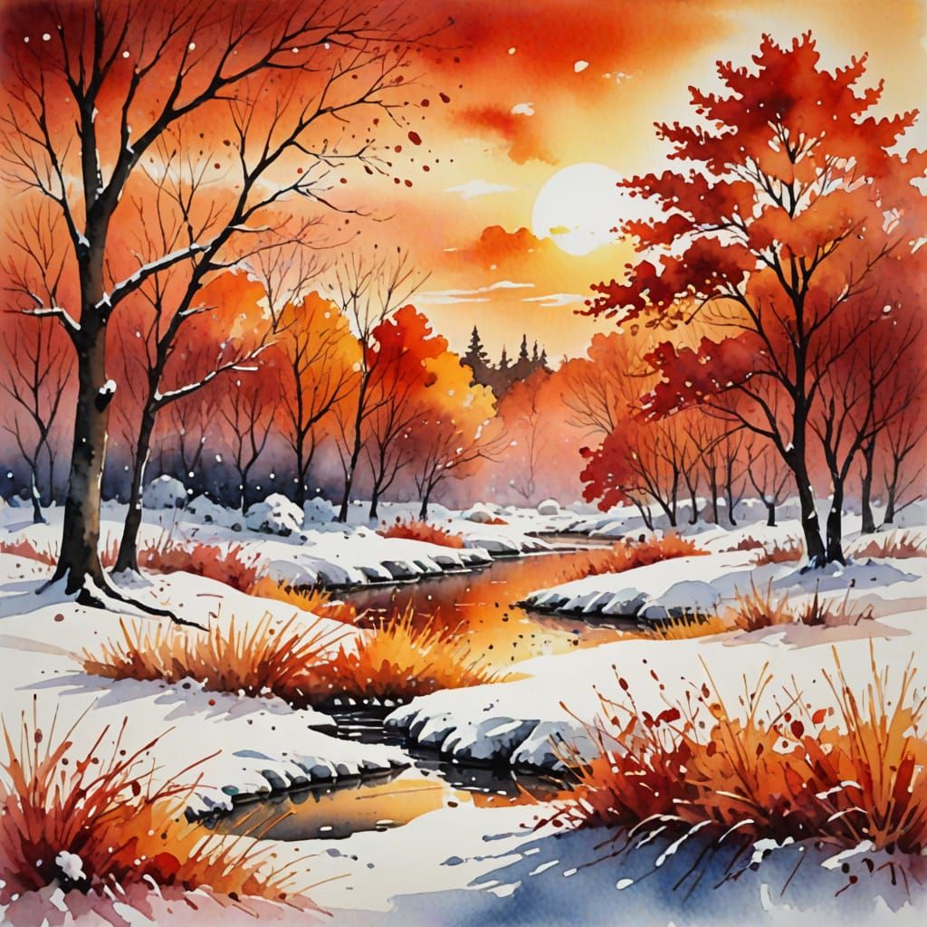 Vibrant Autumn Sunset Meets Snowy Landscape in Whimsical Wat...