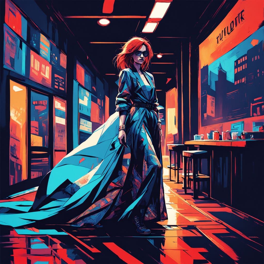 Silk-Punk Woman in Night Cinema Cafe