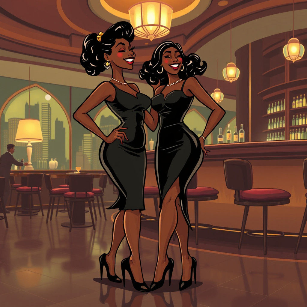 Wacky Comic Style Ladies in Art Deco Bar