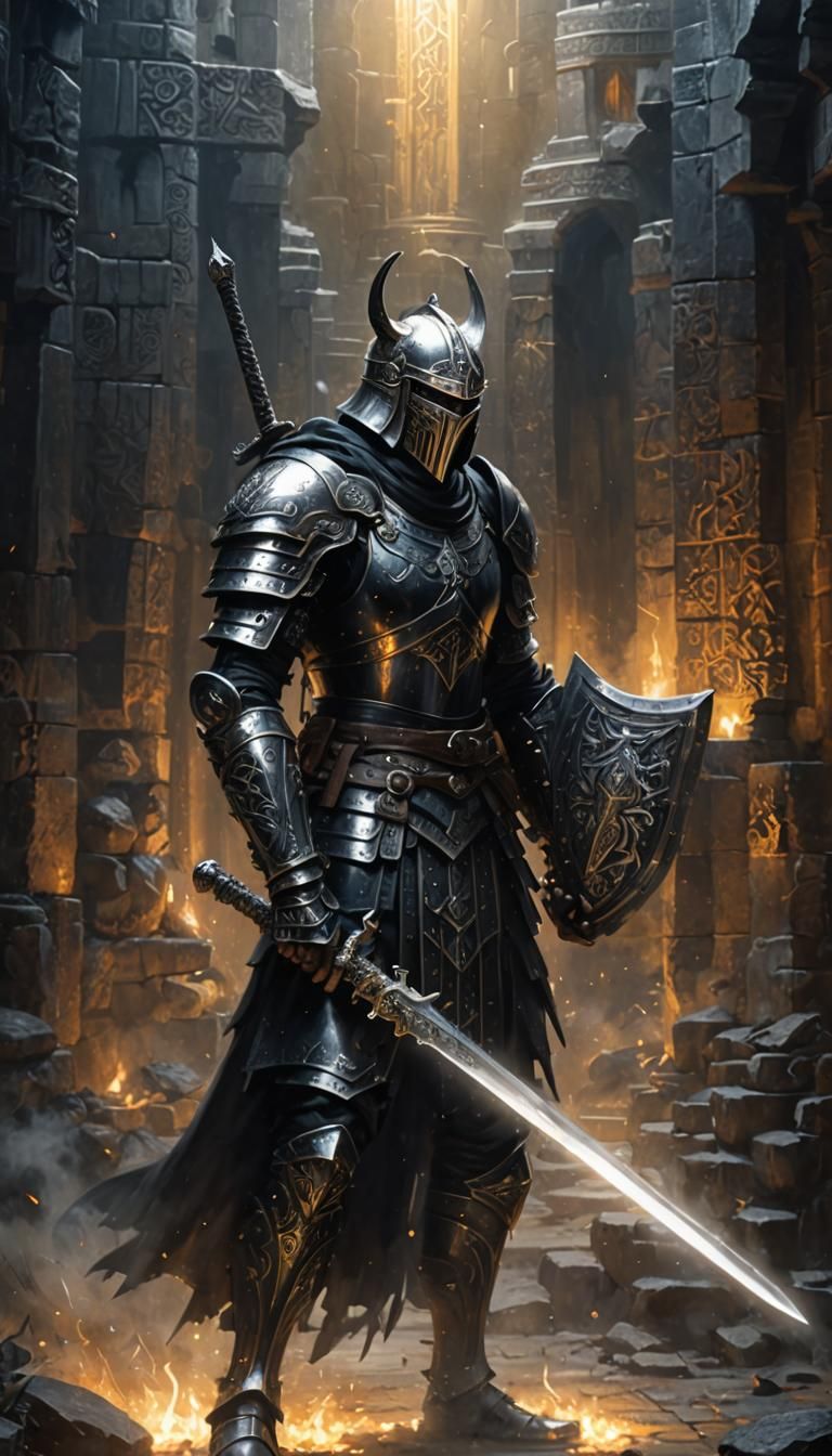 Knight Warrior in Black Armor, Oil Painting