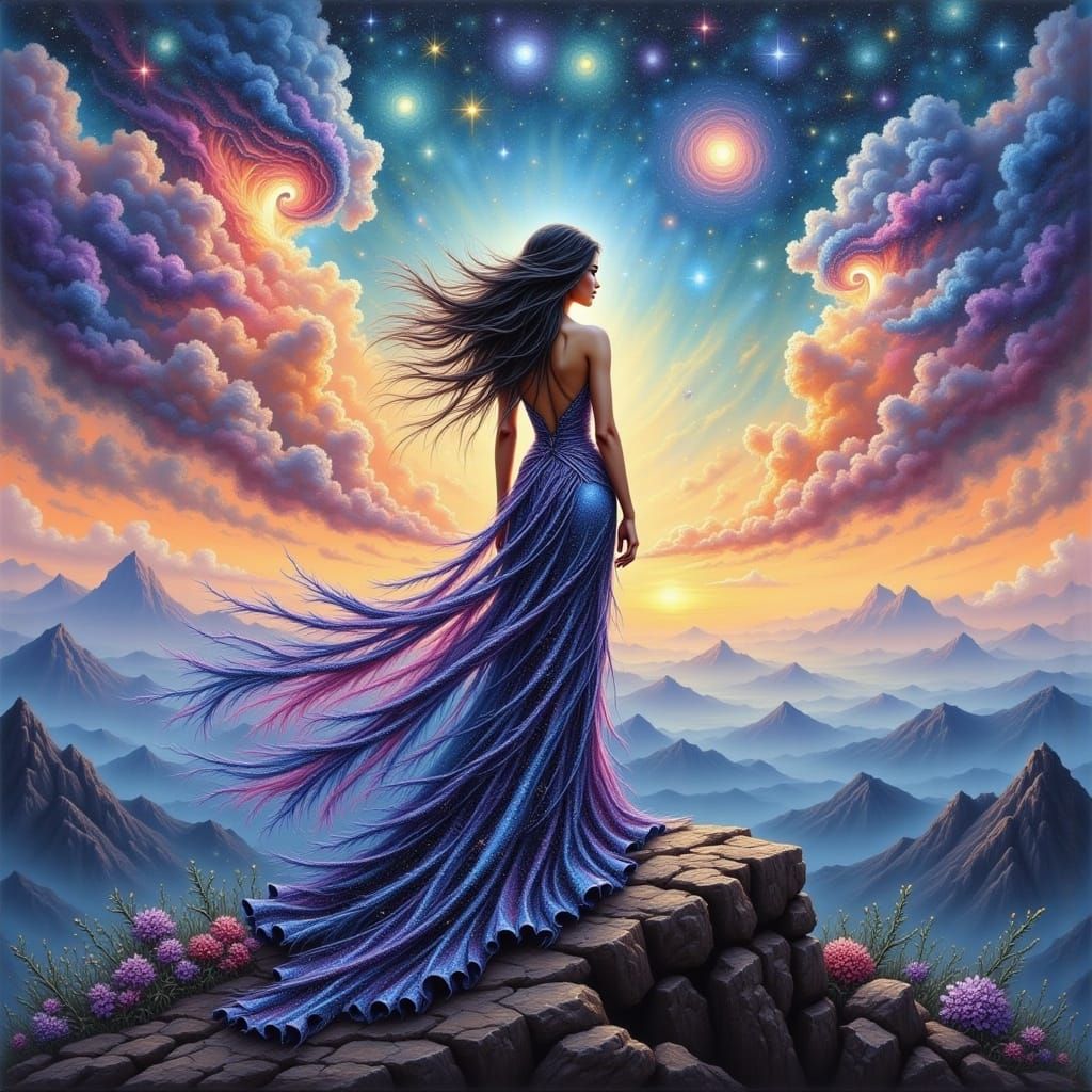 Majestic Woman in Cosmic Fantasy Landscape