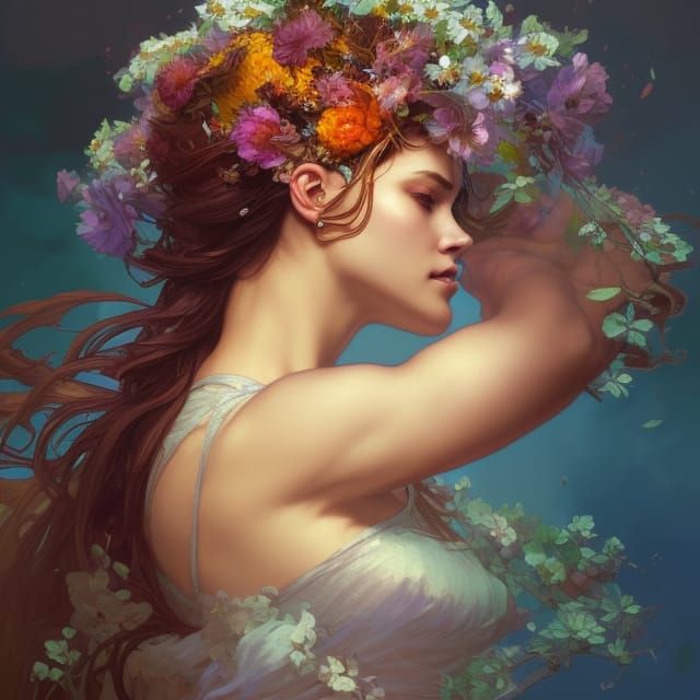 Flower Goddess Portrait in Art Nouveau Style