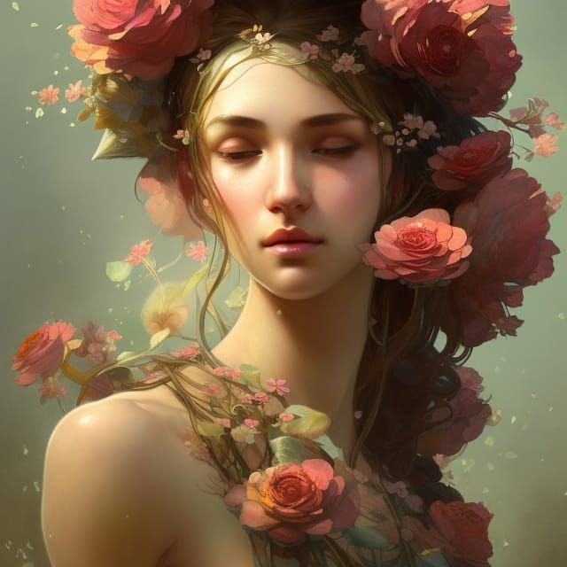 Flower Goddess Portrait in Art Nouveau Style