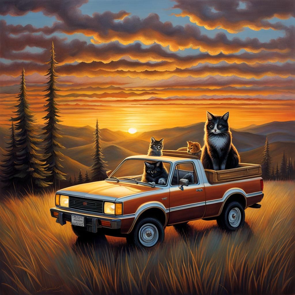 Toy Cat in Subaru BRAT at Sunset