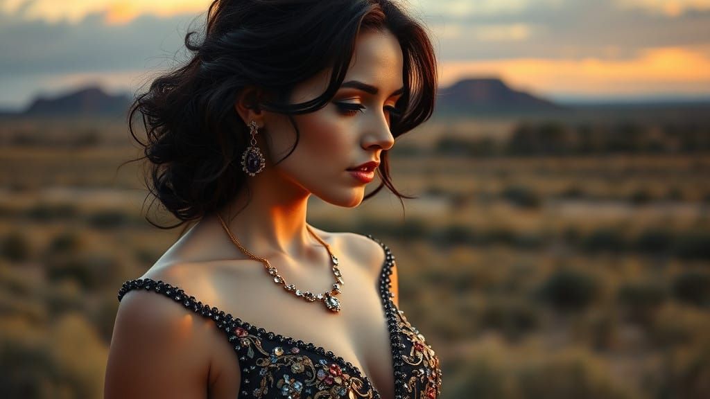 Elegant Woman in Australian Landscape, Impressionist Style