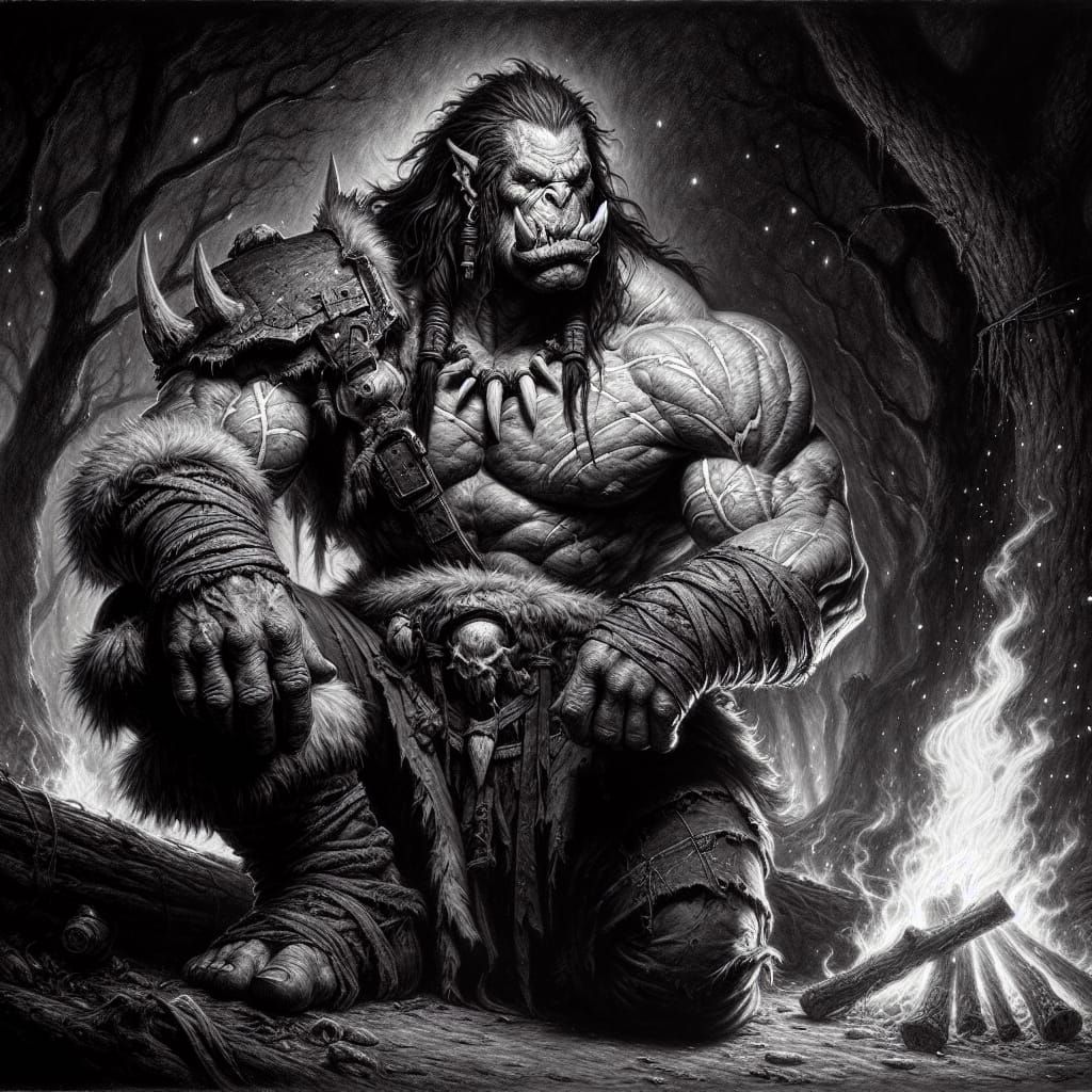 Monochrome Orc Barbarian Monk in Eerie Forest