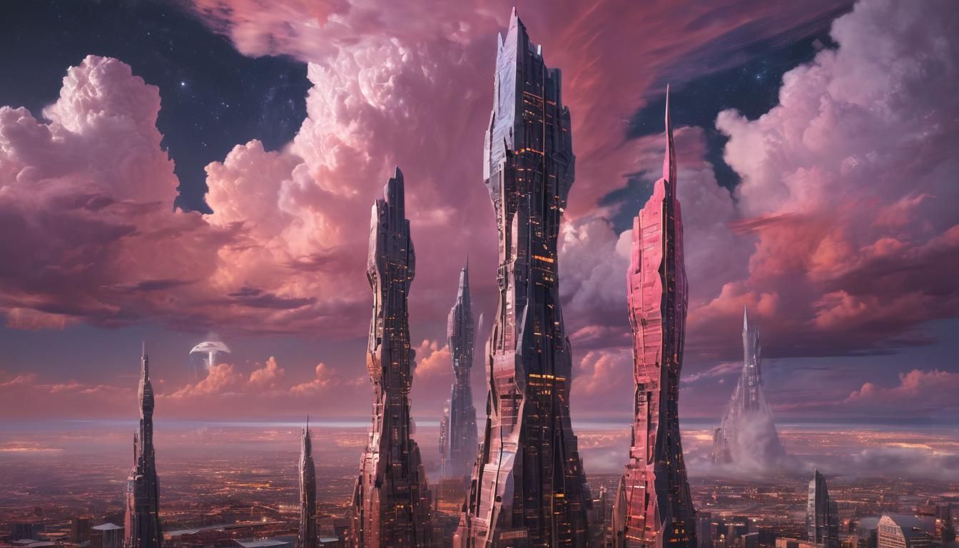 Surreal City Floating in Space with Serpentine Monster