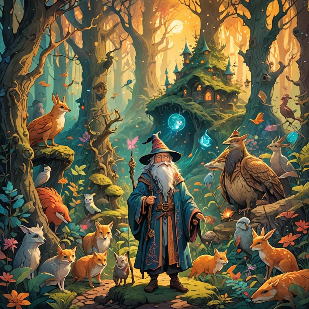 Mystical Forest Wizard with Magical Creatures