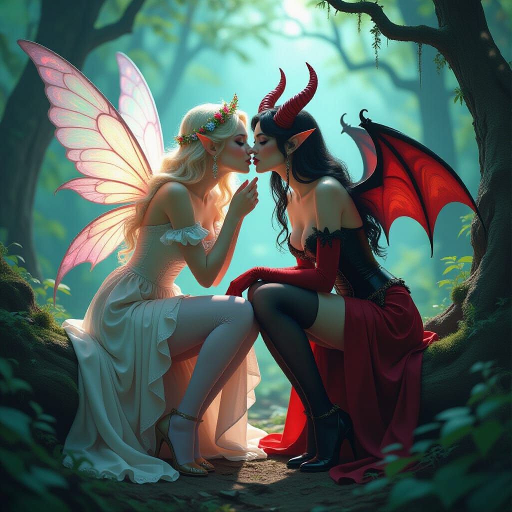 Angelic and Demonic Ladies Kiss in Magical Forest