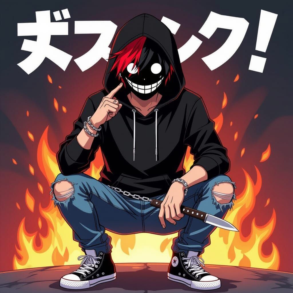 Anime Man with Red Streaked Hair and Mask Signaling Shhh