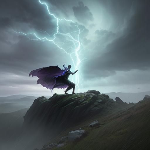 Sorcerer Conjures Storm on Hill in Dark Fantasy Style