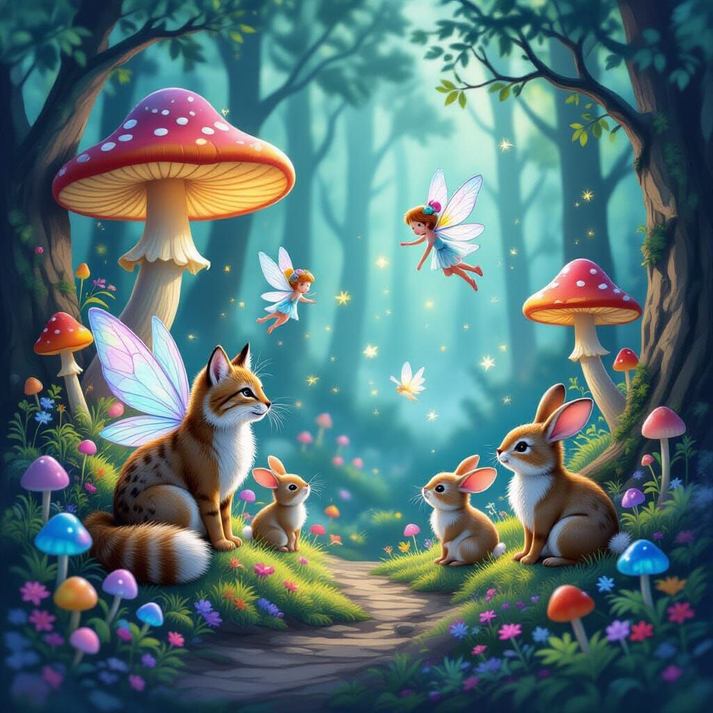 Magical Woodland With Fairies, Bobcats, and Bunnies