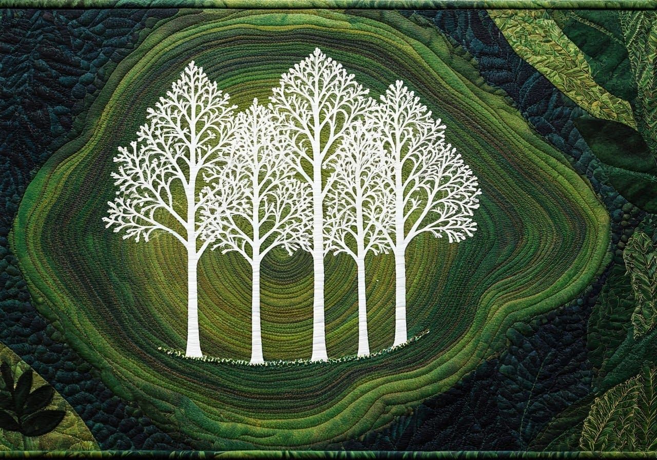 Intricate Mixed Media Art of a Tree Trunk with Embroidered T...