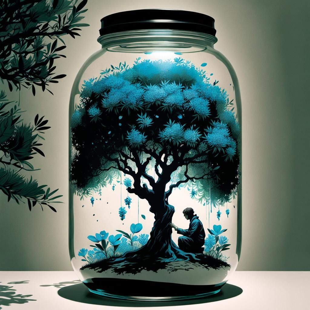 Olive Tree in Jar: Neon Art Illustration