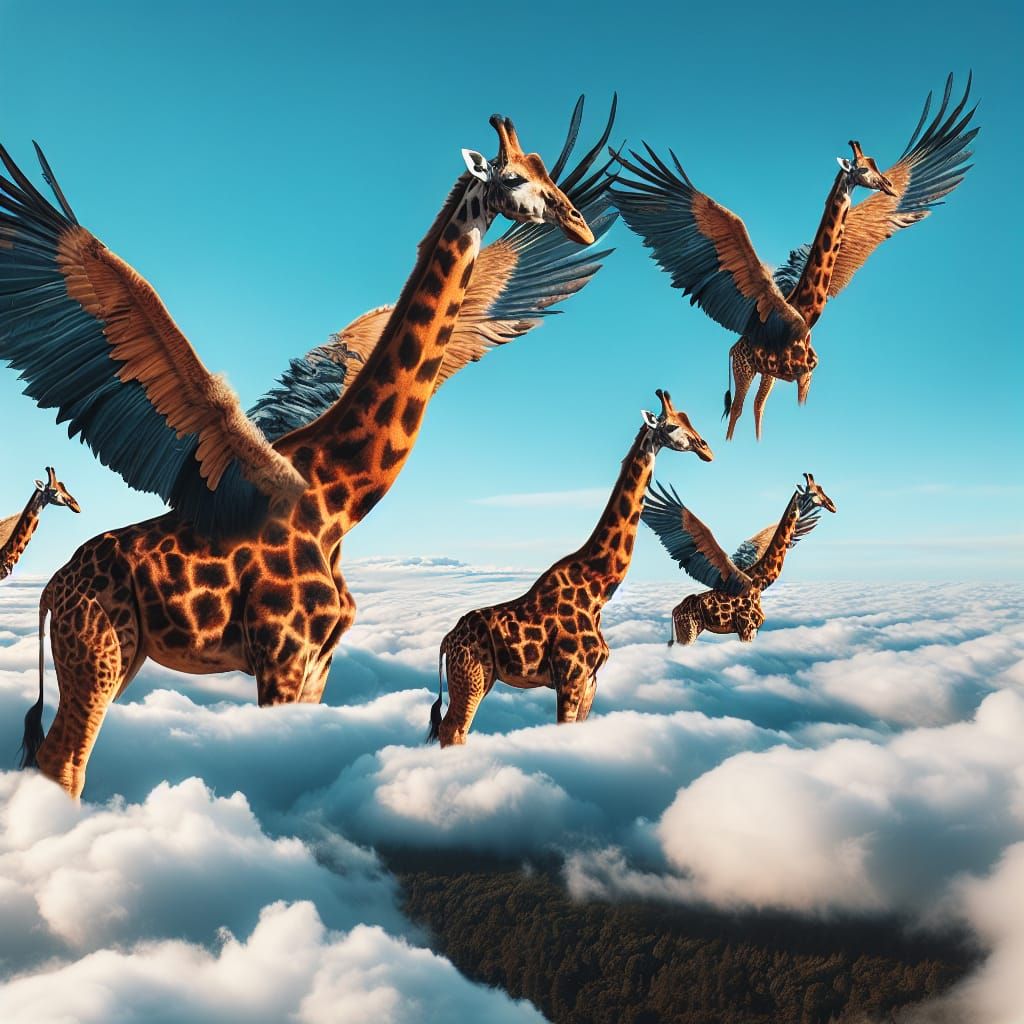 Winged Giraffes in Flight: A Surreal Scene