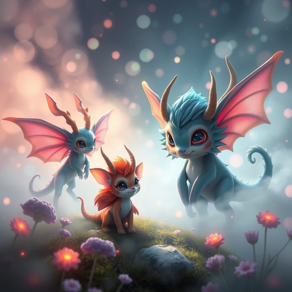 Dreamy Fantasy Creatures in Ethereal Arcade Landscape