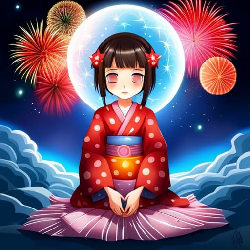 Girl in Kimono Watching Fireworks, Anime Style