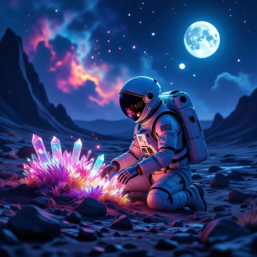 Astronaut Tends Alien Garden Under Nebula Sky